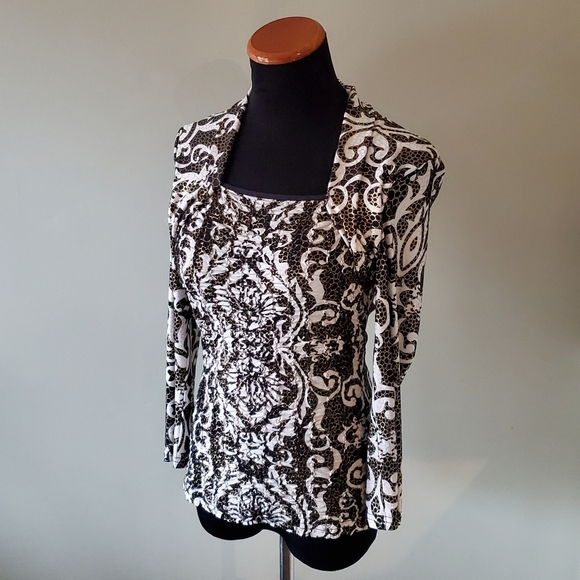 Joseph Ribkoff 8 Black Metallic Gold Sequins Gathered Pleated Square Neck Top - Picture 4 of 8